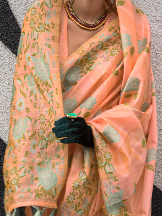 Saree Mall Women's Cotton Blend Peach Woven Design Designer Saree With Blouse Piece-KRAFTI355002