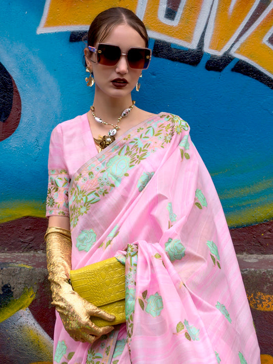 Saree Mall Women's Cotton Blend Pink Woven Design Designer Saree With Blouse Piece-KRAFTI355003