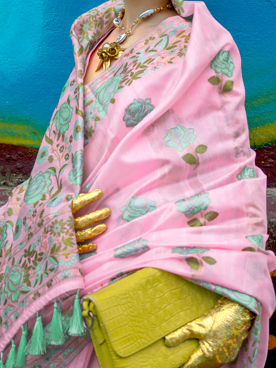 Saree Mall Women's Cotton Blend Pink Woven Design Designer Saree With Blouse Piece-KRAFTI355003