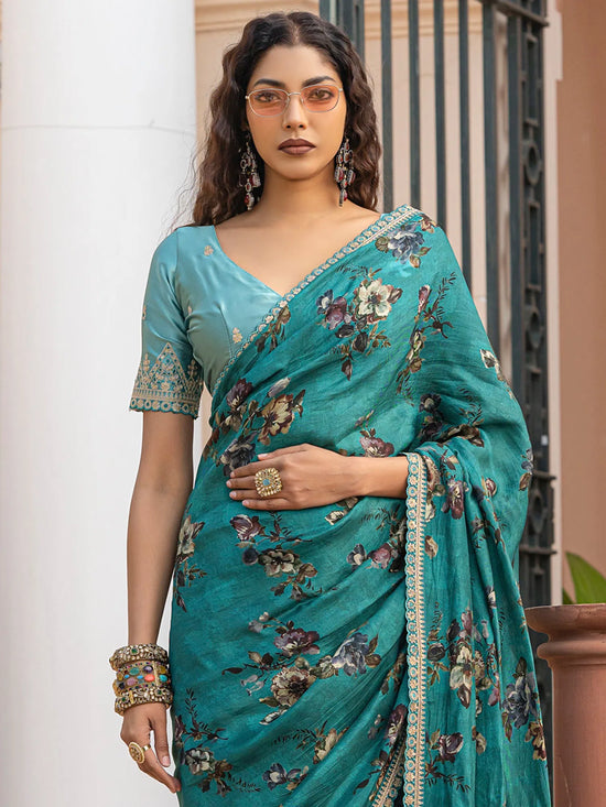 Saree Mall Women's Viscose  Teal Blue Embellished Designer Saree With Blouse Piece-KRAGIRI1806