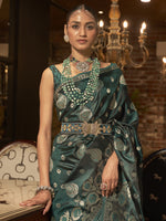 Saree Mall Women's  Blend Teal Green Woven Design Designer Saree With Blouse Piece-KRISTN288001