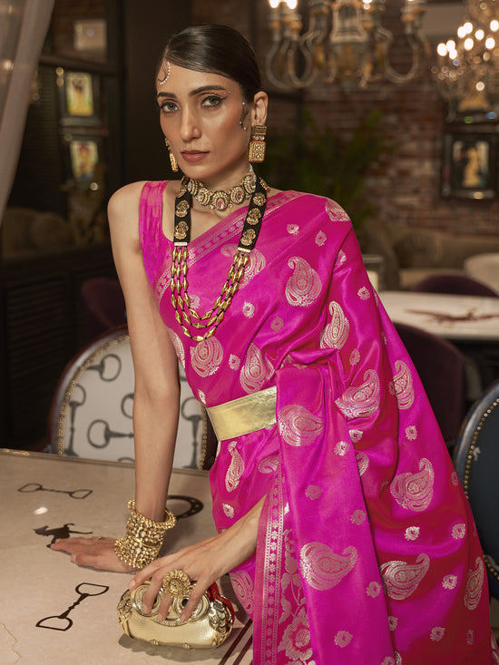 Saree Mall Women's  Blend Pink Woven Design Designer Saree With Blouse Piece-KRISTN288005