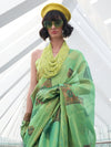 Saree Mall Women's Tissue Sea Green Woven Design Designer Saree With Blouse Piece-KROMA375005