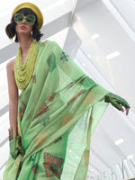 Saree Mall Women's Tissue Sea Green Woven Design Designer Saree With Blouse Piece-KROMA375005