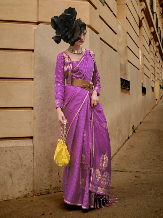 Saree Mall Women's Satin  Purple Woven Design Designer Saree With Blouse Piece-KRONICLE344001