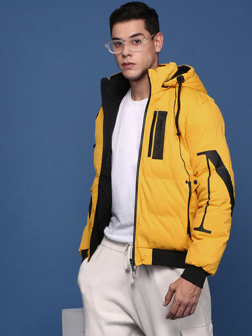 Men Solid Yellow Reversible Puffer Jacket with Hoodie-KS-2188-Yellow