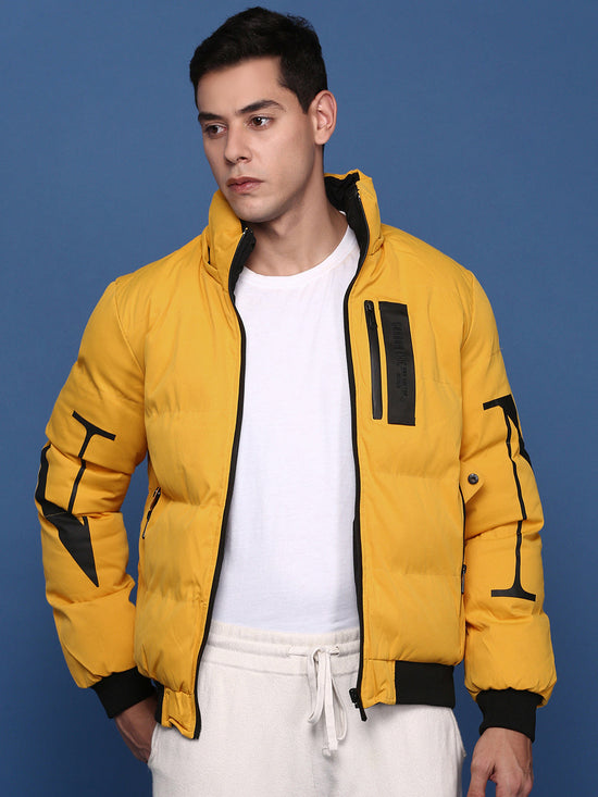 Men Solid Yellow Reversible Puffer Jacket with Hoodie-KS-2188-Yellow