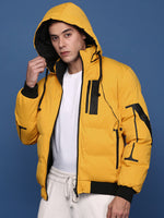 Men Solid Yellow Reversible Puffer Jacket with Hoodie-KS-2188-Yellow