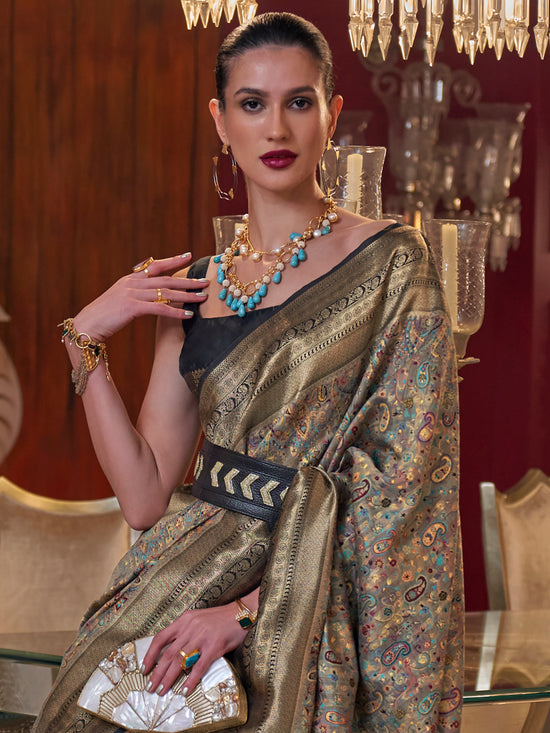 Saree Mall Women's  Blend Grey Woven Design Designer Saree With Blouse Piece-KSHIDA319002