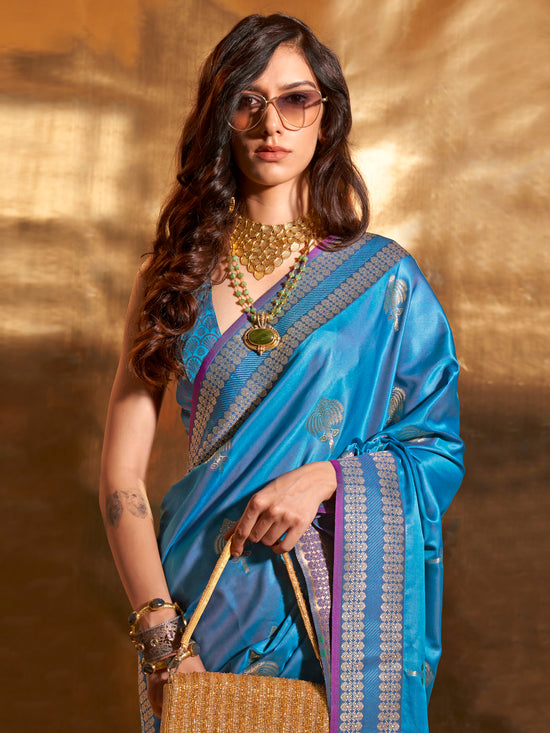 Saree Mall Women's Satin  Blue Woven Design Designer Saree With Blouse Piece-KSTIKA369006