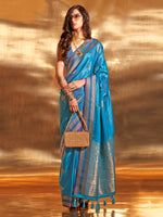 Saree Mall Women's Satin  Blue Woven Design Designer Saree With Blouse Piece-KSTIKA369006