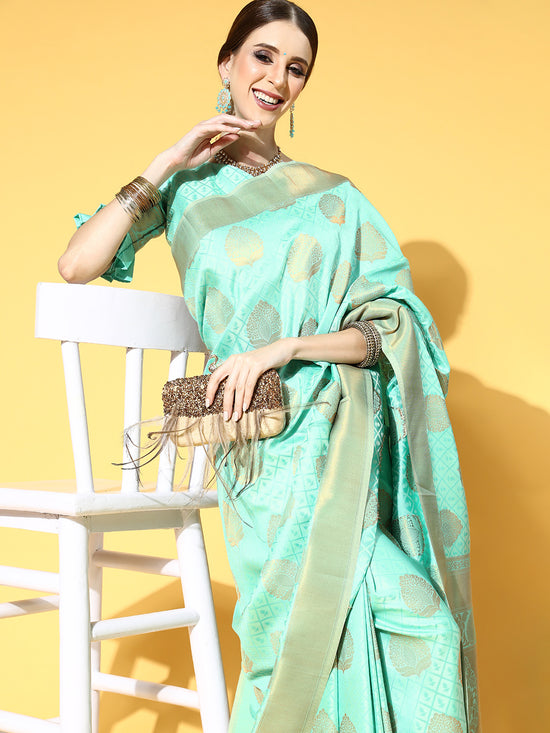 Saree Mall Women's  Blend Sea Green Woven Design Celebrity Saree With Blouse Piece-KSWHT220005