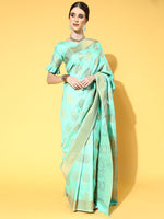 Saree Mall Women's  Blend Sea Green Woven Design Celebrity Saree With Blouse Piece-KSWHT220005