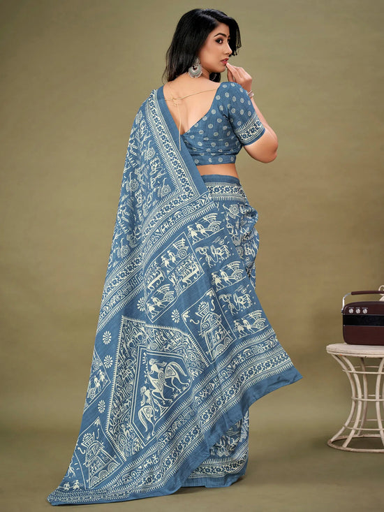 Saree Mall Women's Dola  Blue Printed Designer Saree With Blouse Piece-KUMKUM20B