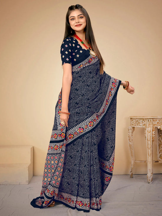 Saree Mall Women's Dola  Navy Blue Printed Designer Saree With Blouse Piece-KUMKUM21B