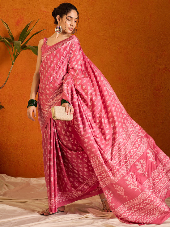 Saree Mall Women's Cotton Blend Pink Printed Designer Saree With Blouse Piece-KUMKUM30C