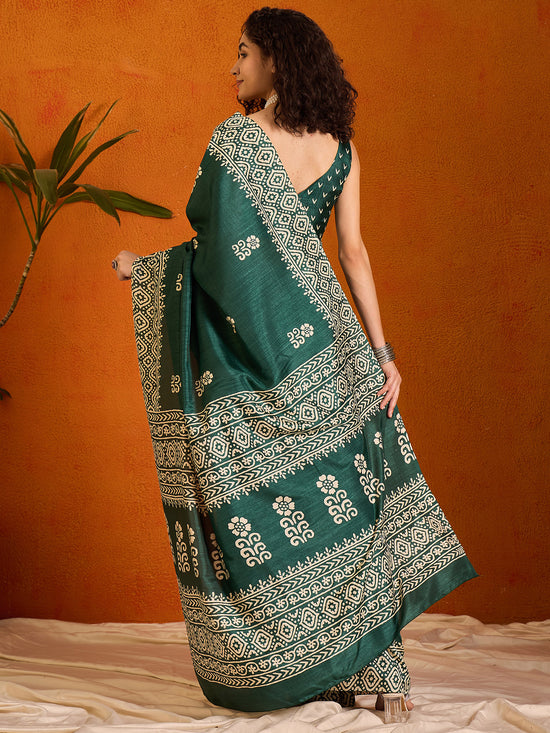 Saree Mall Women's Cotton Blend Dark Green Printed Designer Saree With Blouse Piece-KUMKUM33A