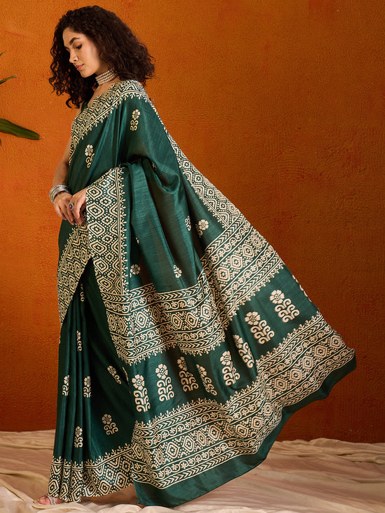 Saree Mall Women's Cotton Blend Dark Green Printed Designer Saree With Blouse Piece-KUMKUM33A