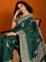 Saree Mall Women's Cotton Blend Dark Green Printed Designer Saree With Blouse Piece-KUMKUM33A