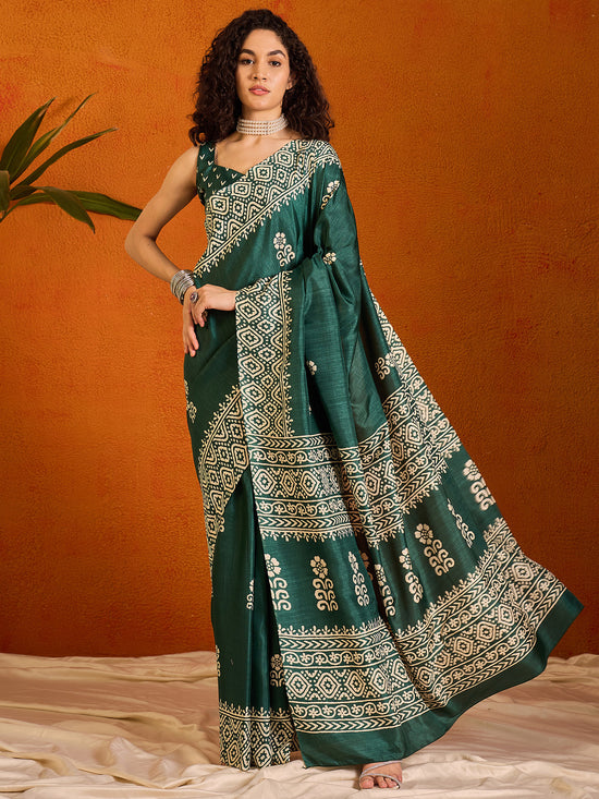 Saree Mall Women's Cotton Blend Dark Green Printed Designer Saree With Blouse Piece-KUMKUM33A