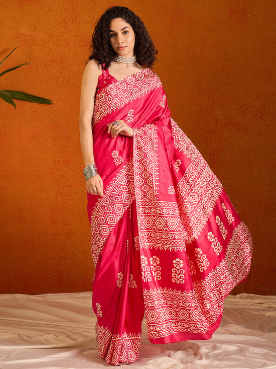 Saree Mall Women's Cotton Blend Pink Printed Designer Saree With Blouse Piece-KUMKUM33C