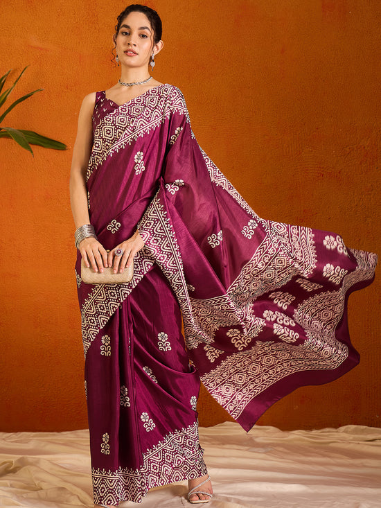 Saree Mall Women's Cotton Blend Magenta Printed Designer Saree With Blouse Piece-KUMKUM33D