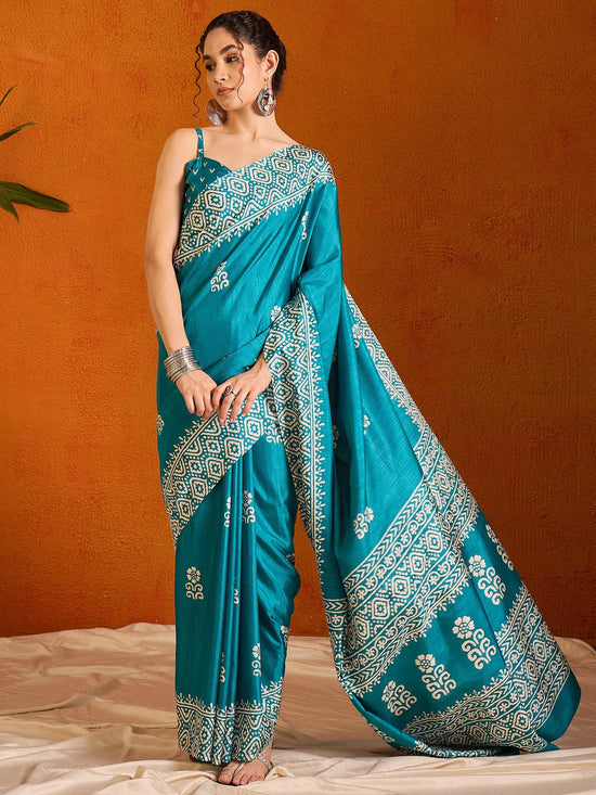 Saree Mall Women's Cotton Blend Light Blue Printed Designer Saree With Blouse Piece-KUMKUM33E