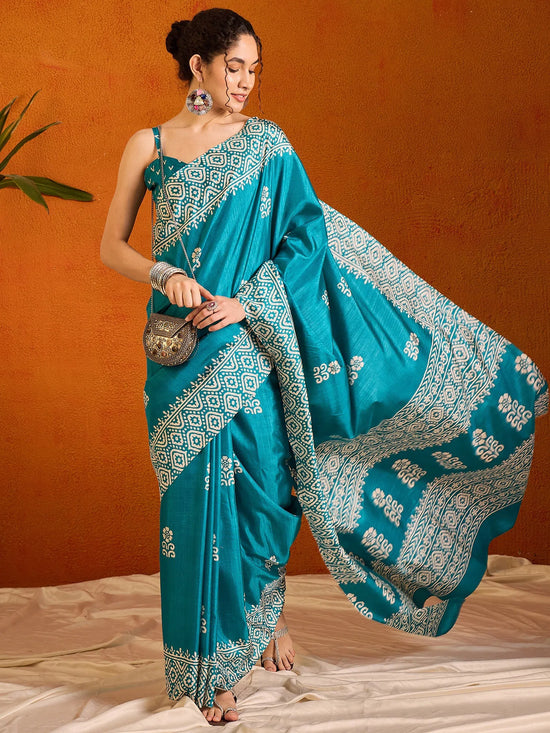 Saree Mall Women's Cotton Blend Light Blue Printed Designer Saree With Blouse Piece-KUMKUM33E