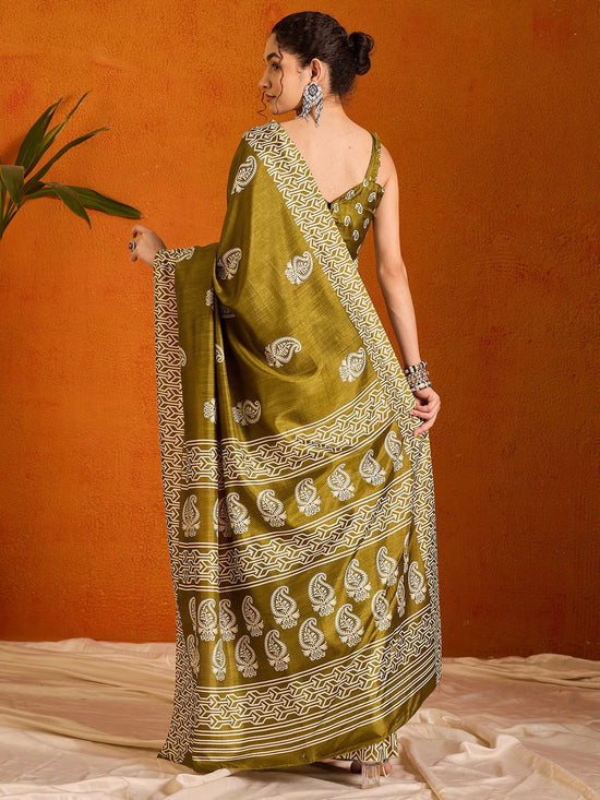 Saree Mall Women's Cotton Blend Olive Printed Designer Saree With Blouse Piece-KUMKUM37A