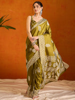 Saree Mall Women's Cotton Blend Olive Printed Designer Saree With Blouse Piece-KUMKUM37A