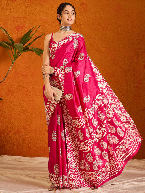 Saree Mall Women's Cotton Blend Pink Printed Designer Saree With Blouse Piece-KUMKUM37D