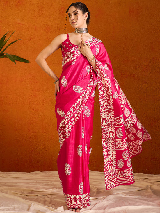 Saree Mall Women's Cotton Blend Pink Printed Designer Saree With Blouse Piece-KUMKUM37D