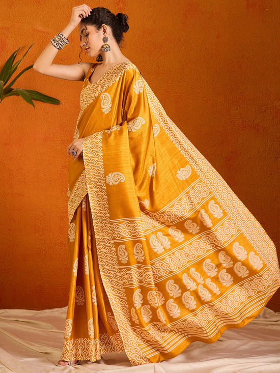 Saree Mall Women's Cotton Blend Mustard Printed Designer Saree With Blouse Piece-KUMKUM37E