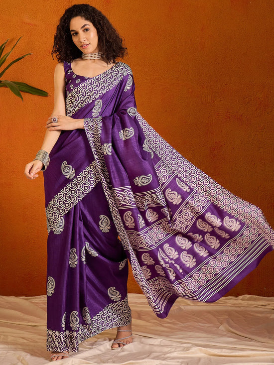 Saree Mall Women's Cotton Blend Purple Printed Designer Saree With Blouse Piece-KUMKUM37H