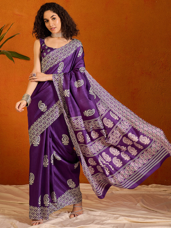 Saree Mall Women's Cotton Blend Purple Printed Designer Saree With Blouse Piece-KUMKUM37H