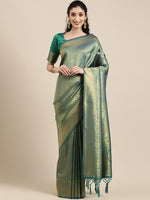 Saree Mall Women's  Blend Teal Green Woven Design Celebrity Saree With Blouse Piece-KUNT188009