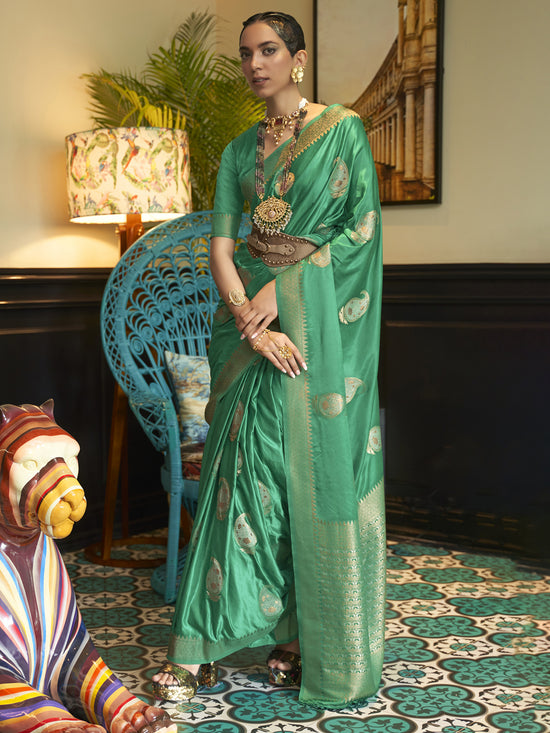 Saree Mall Women's  Blend Sea Green Woven Design Designer Saree With Blouse Piece-KUSHQ276006