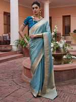 Saree Mall Women's  Blend Light Blue Woven Design Designer Saree With Blouse Piece-KYARA2306