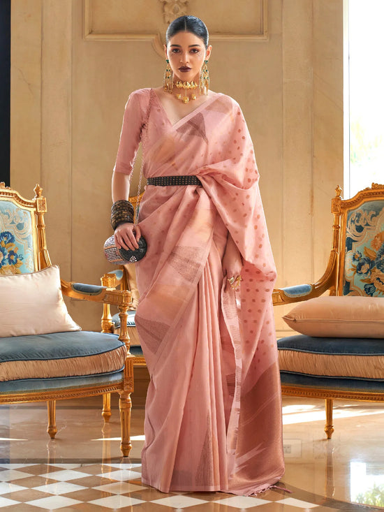 Saree Mall Women's Tissue Pink Woven Design Designer Saree With Blouse Piece-KYARI8002