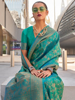 Saree Mall Women's Kanjeevaram  Teal Blue Woven Design Designer Saree With Blouse Piece-KZAINAB13006