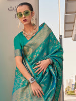 Saree Mall Women's Kanjeevaram  Teal Blue Woven Design Designer Saree With Blouse Piece-KZAINAB13006