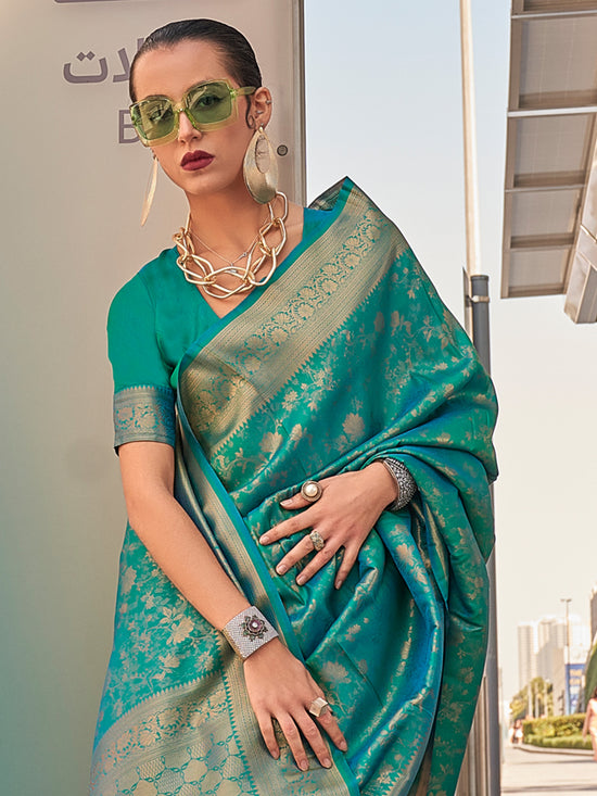 Saree Mall Women's Kanjeevaram  Teal Blue Woven Design Designer Saree With Blouse Piece-KZAINAB13006