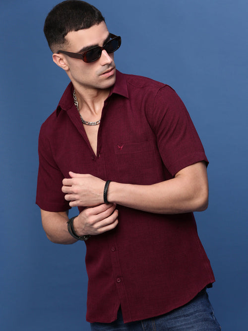 Men Burgundy Solid Slim Fit Shirt-Keziah-3344-Burgundy