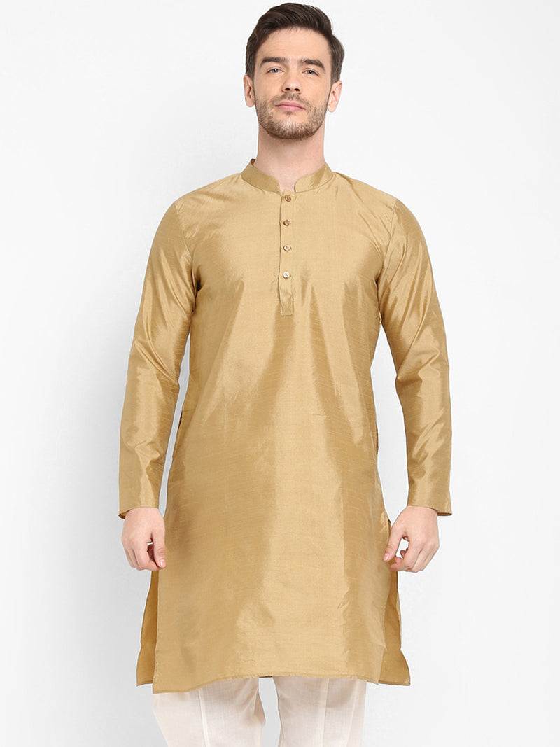 Hangup Men Standard Solid Men's Indian Wear-Khakhi_Dupion_LongKurta