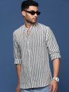 Men Mandarin Collar Striped White Slim Fit Shirt-Koa-2910-White