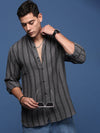 Men Mandarin Collar Striped Charcoal Slim Fit Shirt-Koa-2917-Charcoal