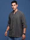 Men Mandarin Collar Striped Charcoal Slim Fit Shirt-Koa-2917-Charcoal