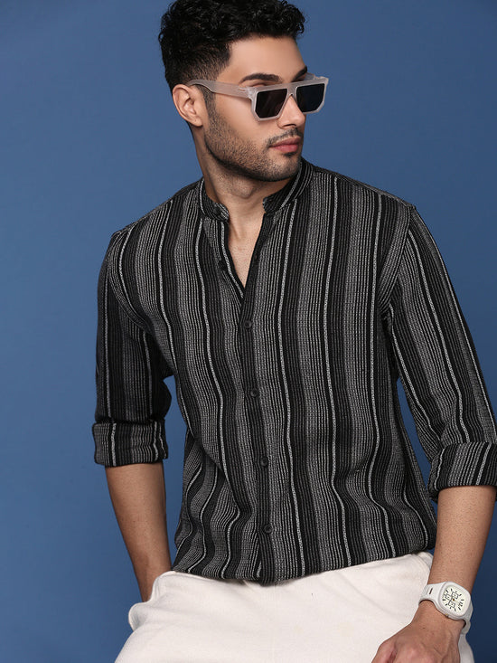 Men Mandarin Collar Striped Black Slim Fit Shirt-Koa-2920-Black