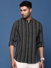 Men Mandarin Collar Striped Black Slim Fit Shirt-Koa-2920-Black