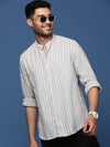 Men Mandarin Collar Striped Grey Slim Fit Shirt-Koa-2926-Grey